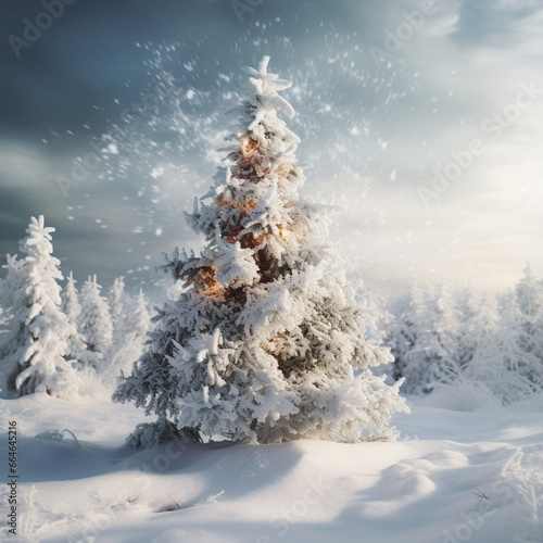 The picture reveals a picturesque snow-covered Christmas tree standing in a serene forest, embodying the tranquil beauty of nature during the holiday season