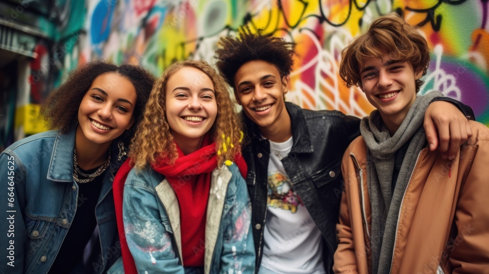 Young people of different ethnic backgrounds pose in front of a graffiti wall on the street Young people of different ethnic backgrounds pose in front of a graffiti wall on the street