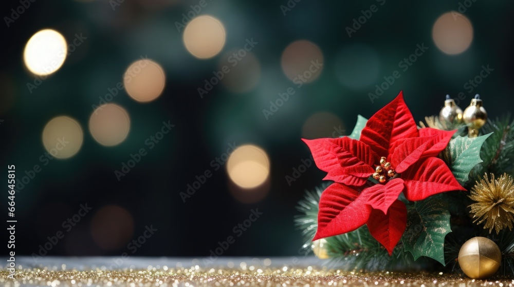 Close-up of traditional Christmas flowers, beautiful poinsettia on table indoors, greeting card. - obrazy, fototapety, plakaty 