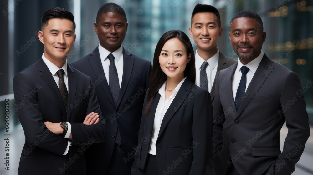 A group of business people of various nationalities posing happily in the plaza A group of business people of various nationalities posing happily in the plaza