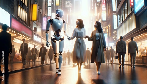 Humans and robots concept background, women walking with Robot in the city streets, artificial intelligence connection with people 