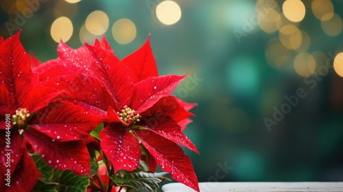 Traditional Christmas flowers, beautiful poinsettia on the table indoors, space for text.