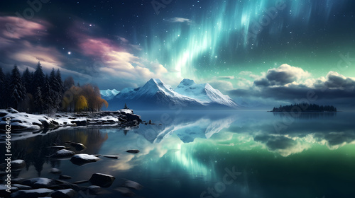 Enchanting Aurora Borealis, A Blue and Green Winter's Reflection