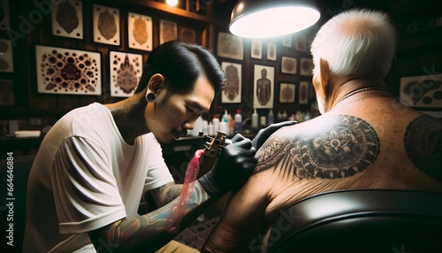 Tattoo artist working on tatoo on elderly man in tatoo studio, professional artist concept, lifestyle background 