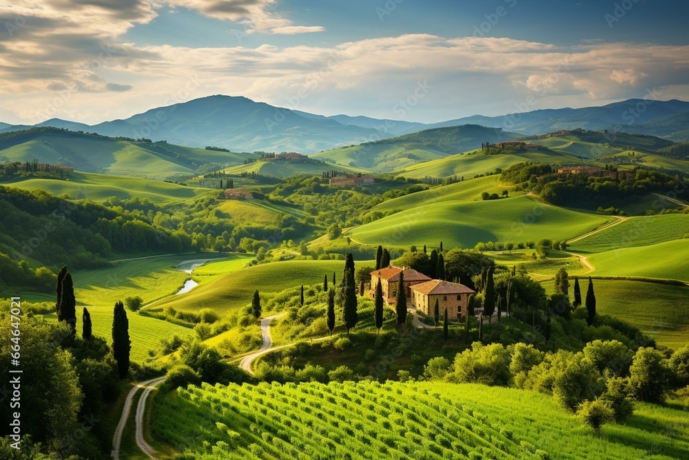 Picturesque view of rolling hills covered in lush greenery, located in Tuscany, Italy. Generative AI