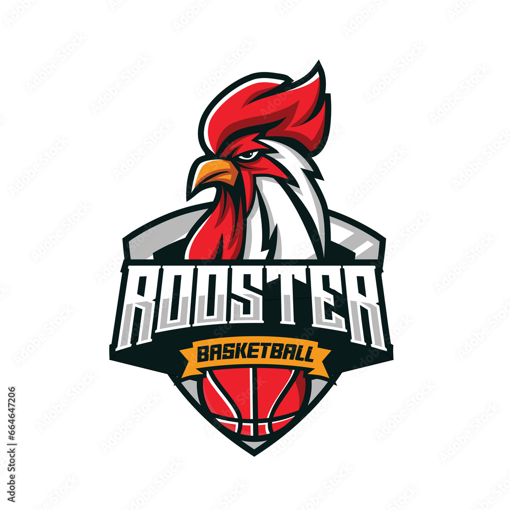rooster sports logo with basketball 
