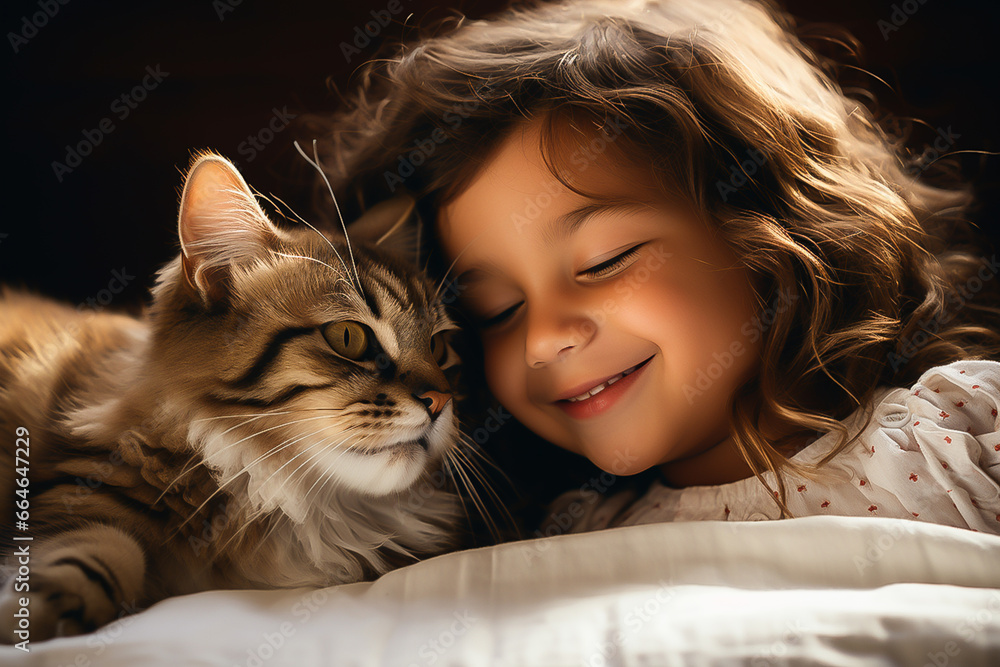 cute baby cuddling with a cat in bed. Children and pets