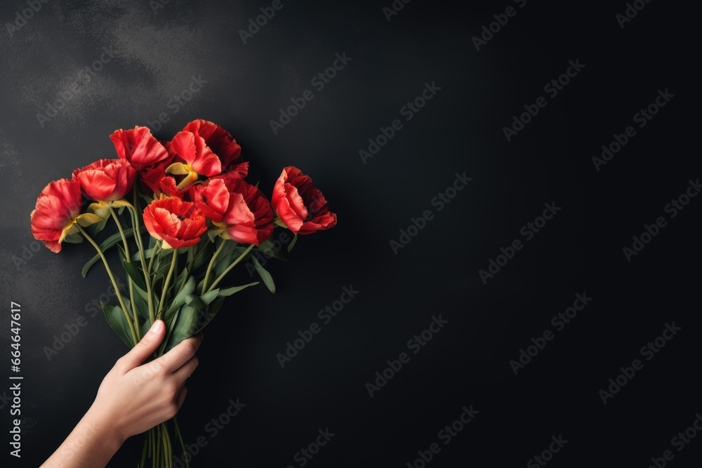 Banner with hand holding red poppy flower, symbol for remembrance, memorial, anzac day