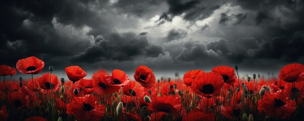 Banner with red poppy flower field, symbol for remembrance, memorial, anzac day