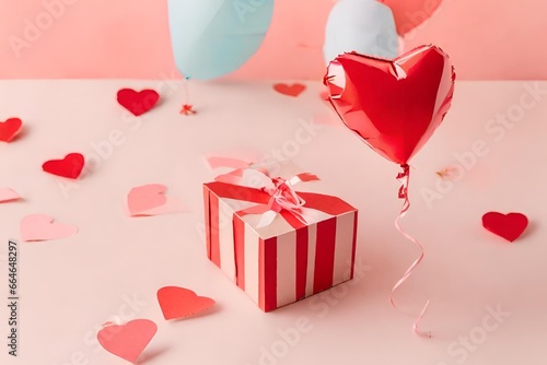 Geschenkschachtel mit Herzballon am Himmel, Fröhliche Valentinstags, Valentinstagskonzept
