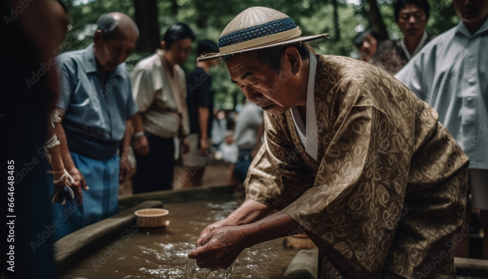 Men and women working in traditional clothing, crafting homemade pottery generated by AI Men and women working in traditional clothing, crafting homemade pottery generated by AI