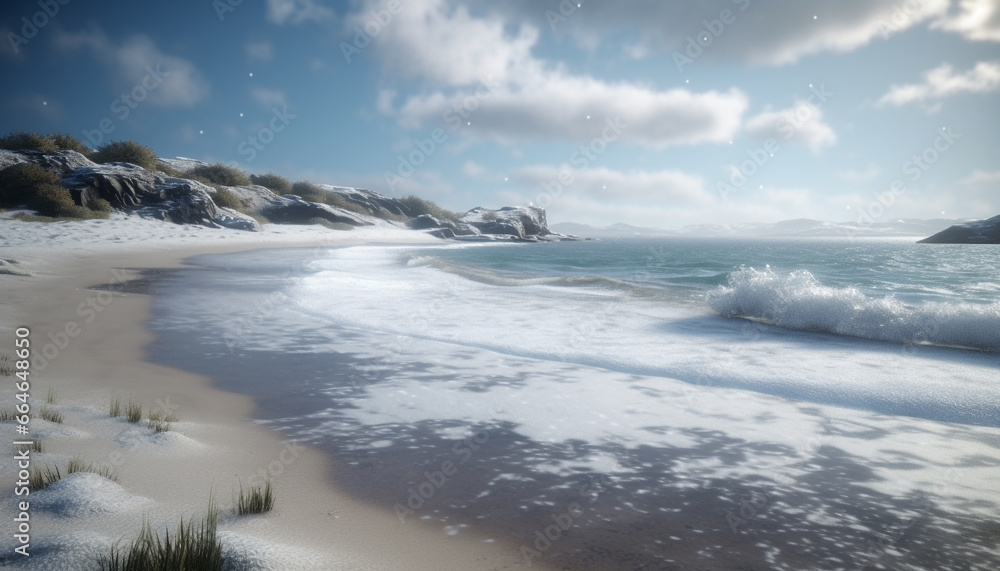 Tranquil seascape, sandy coastline, breaking waves summer adventure awaits generated by AI Tranquil seascape, sandy coastline, breaking waves summer adventure awaits generated by AI