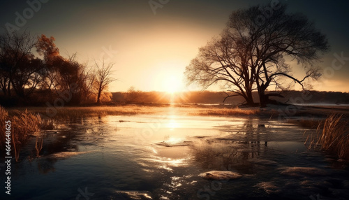Tranquil scene sunset reflects beauty in nature, serene meadow generated by AI