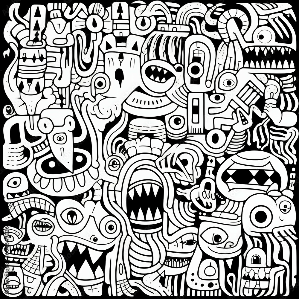Black and white monsters doodle art