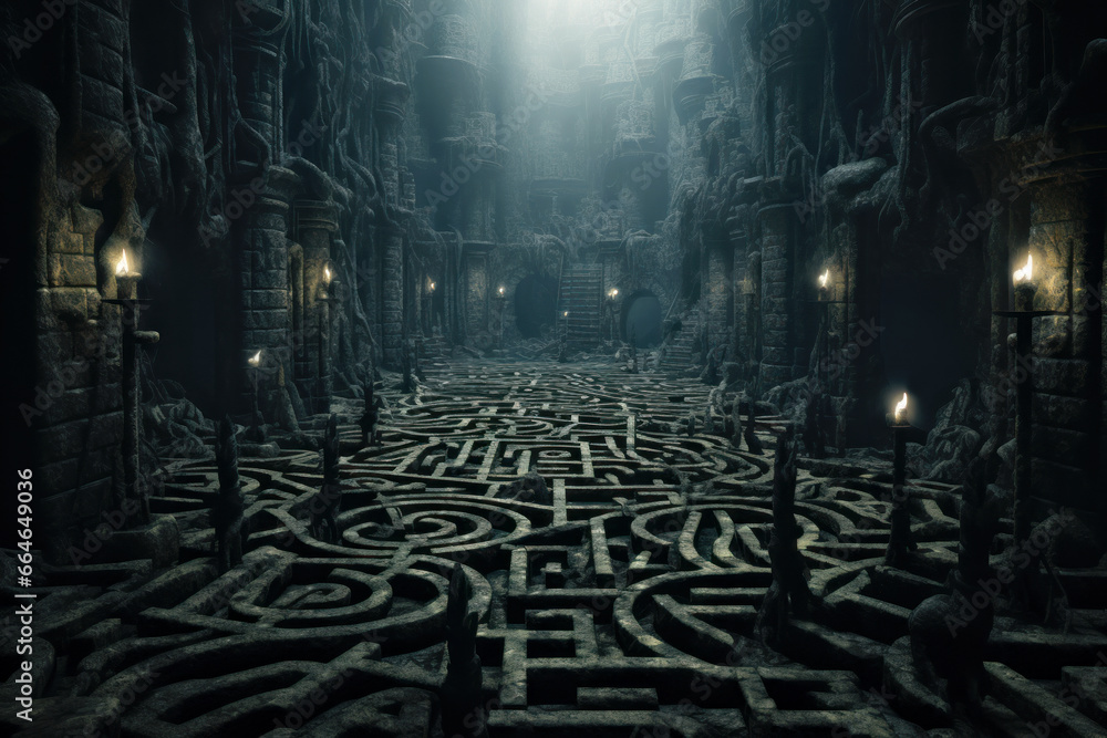 Dark scary castle courtyard with strange floor as maze, creepy structure for gloomy background. Surreal building with traps like in horror movie. Concept of quest - obrazy, fototapety, plakaty 
