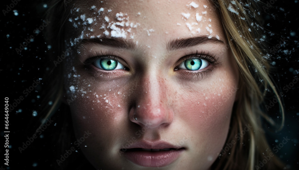 Young woman looking at camera, wet hair, winter snow generated by AI Young woman looking at camera, wet hair, winter snow generated by AI