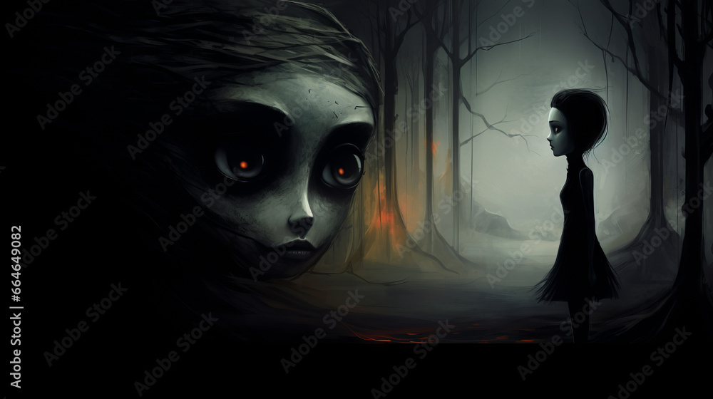 Hello Darkness My Old Friend. Horror scene of a scary woman can be used for desktop wallpaper