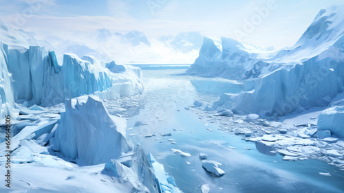 Ice and glacier in Antarctica  icebergs and frozen shores with snow cover in ocean. Antarctic landscape with clean sea water. Concept of nature  winter