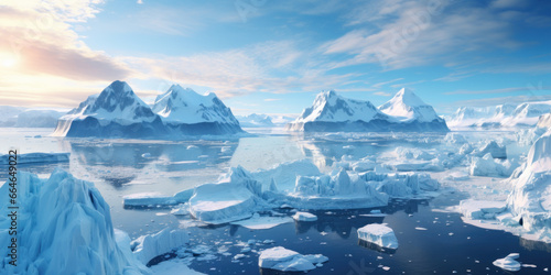 Floating ice and glacier at sunset in Antarctica, view of icebergs in sea and frozen shores. Antarctic landscape with sun and snow. Concept of climate change, warming