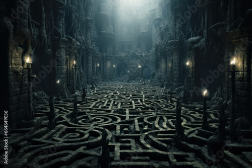 Dark scary castle courtyard with strange floor as maze, creepy structure for gloomy background. Surreal building with traps like in horror movie. Concept of quest photo