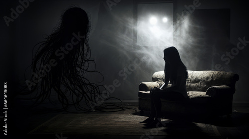 Hello Darkness My Old Friend. Horror scene of a scary woman can be used for desktop wallpaper photo