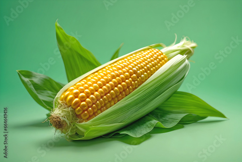 Fresh corn on the cob on a green background.
