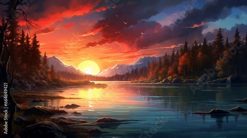  A mesmerizing sunset over a tranquil lake, blending warm orange and cool blue hues.