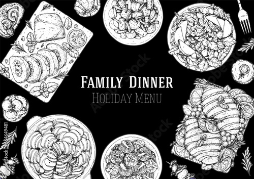 Family dinner. Holiday menu. Food design template. Engraved style background. Food and drink set. Hand drawn sketch, design template.