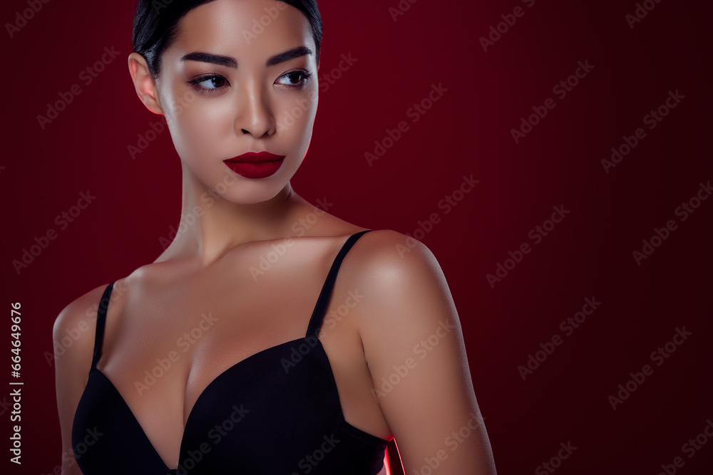 Photo of stunning asian woman femme fatale look empty space black bra shoulders off isolated dark red color background Photo of stunning asian woman femme fatale look empty space black bra shoulders off isolated dark red color background