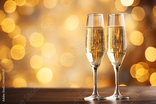New Year's Eve celebration holiday greeting card background. Sparkling wine or champagne glasses toasting on table