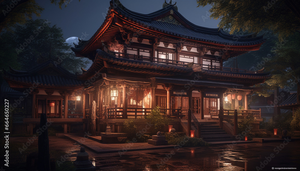 Ancient pagoda illuminates cityscape, reflecting spirituality in twilight dusk generated by AI
