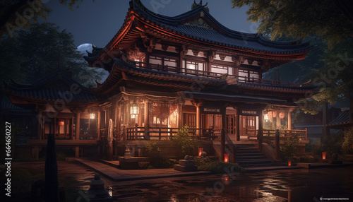 Ancient pagoda illuminates cityscape, reflecting spirituality in twilight dusk generated by AI © Jemastock
