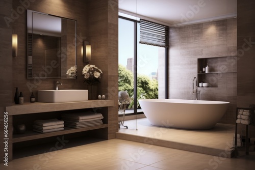 A large white bathtub in a modern bathroom with a view of the city  a sink and a mirror