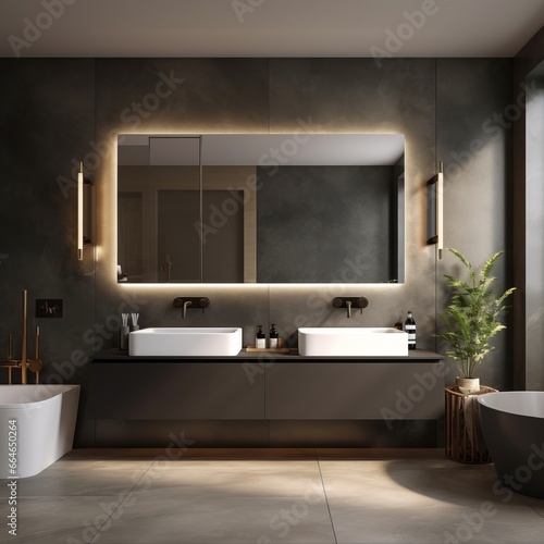 Luxurious modern bathroom interior with gray tiles  two sinks and a large mirror