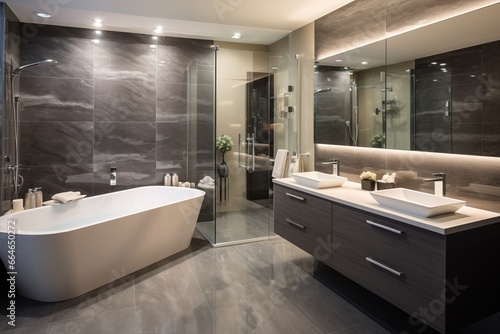 Luxurious modern bathroom  large bath  shower cubicle and sinks with mirror above