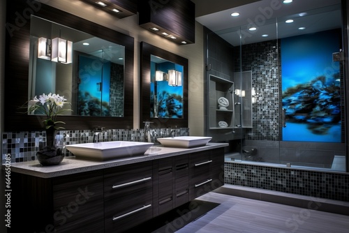 Luxurious modern bathroom  modern black and gray tiles on the wall  two sinks and mirrors