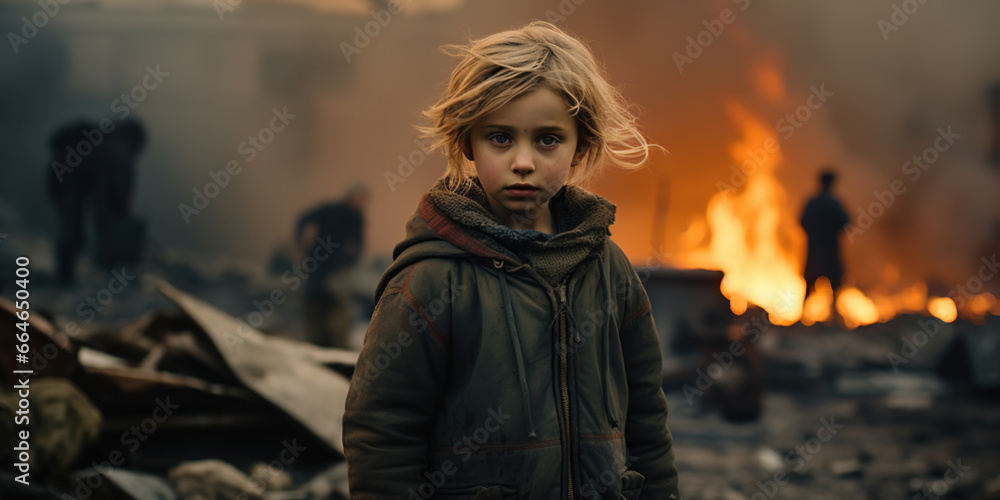 It is war. A frightened child stands before ruins It is war. A frightened child stands before ruins