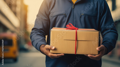 Delivery man in blue clothing holding a box in an urban setting © PixelGallery
