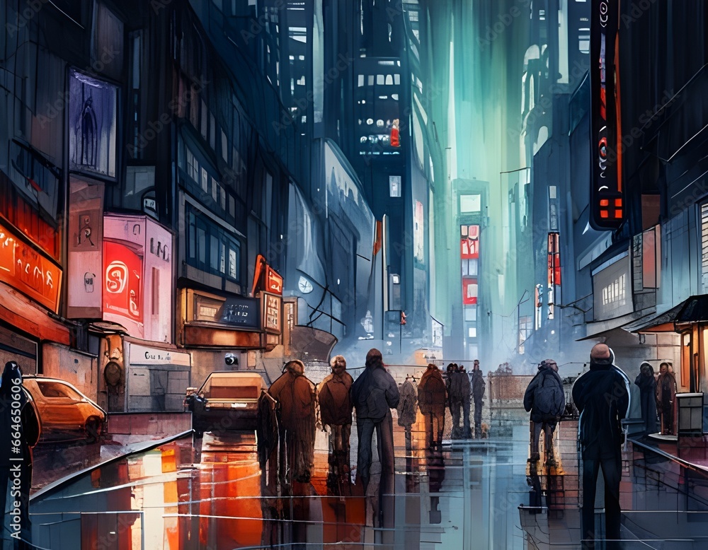 people in a rainy street in a futuristic asian city at night with illuminated shop signs buildings people and cars