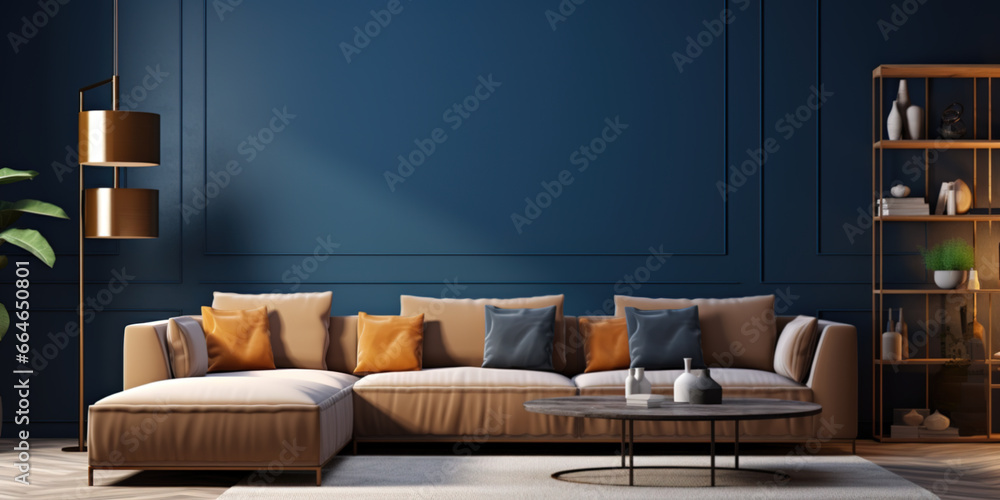 Beige corner sofa in room with dark blue walls. Interior design of modern living room Beige corner sofa in room with dark blue walls. Interior design of modern living room