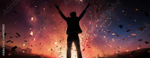A silhouette of a man jumping in the air and celebrating his success, with fireworks in the background and confetti falling from the sky.