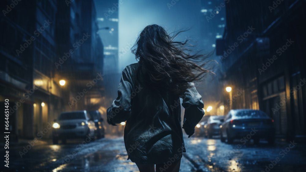 Fototapeta premium Scared woman runs down dark city street at night alone, adult girl escapes in rain, back view. Female person like in thriller or horror movie. Concept of terror