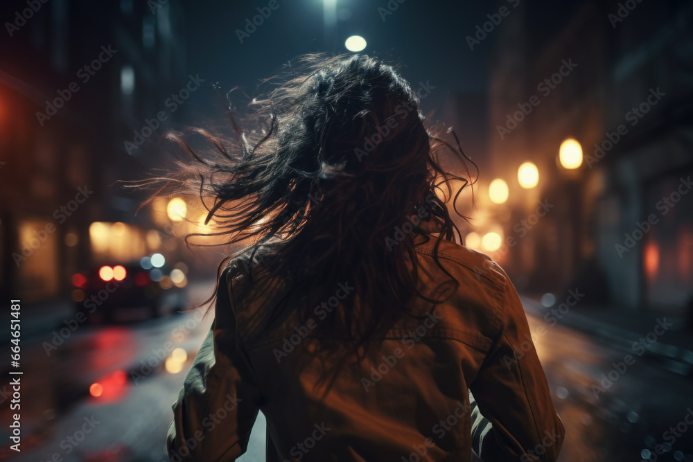 Young woman runs away along night street, lonely adult girl escapes in dark city, back view. Female person like in thriller or horror movie. - obrazy, fototapety, plakaty 