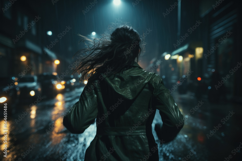 Young woman in jacket runs down street in rain at night, lonely adult girl escapes in dark city. Scared person like in thriller or horror movie. Concept of terror - obrazy, fototapety, plakaty 