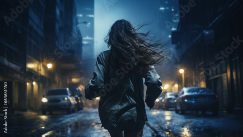 Scared woman runs down dark city street at night alone, adult girl escapes in rain, back view. Female person like in thriller or horror movie. Concept of terror photo
