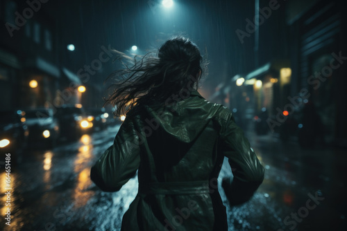 Young woman in jacket runs down street in rain at night, lonely adult girl escapes in dark city. Scared person like in thriller or horror movie. Concept of terror photo