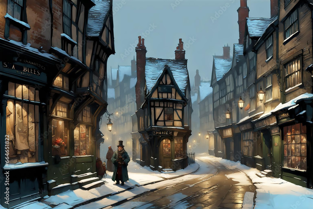 winter scene with a traditional old-fashioned english town street with snow covered medieval buildings with illuminated windows at twilight - obrazy, fototapety, plakaty 