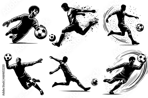 The Beautiful football: African Footballers in Action, player and goalkeeper, Silhouette Outlines, editable vector