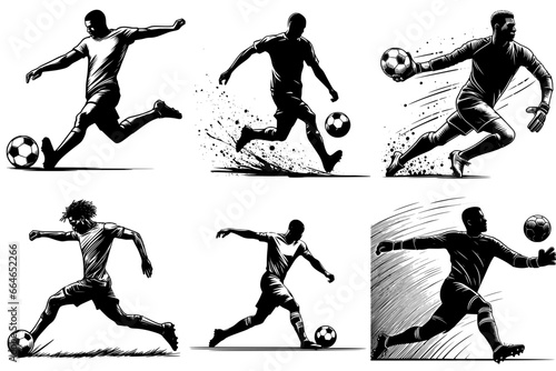 The Beautiful football: African Footballers in Action, player and goalkeeper, Silhouette Outlines, editable vector