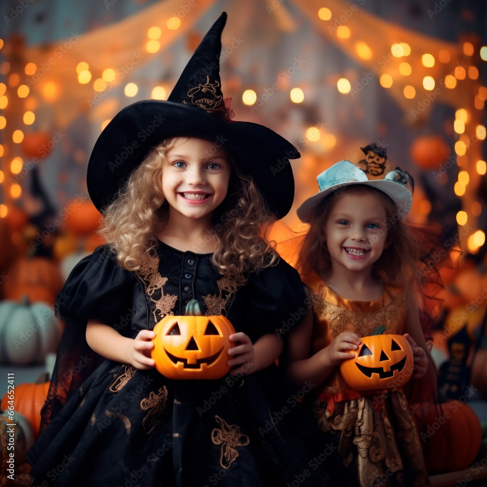 Fototapeta premium Happy halloween children in costumes and makeup holiday happy halloween